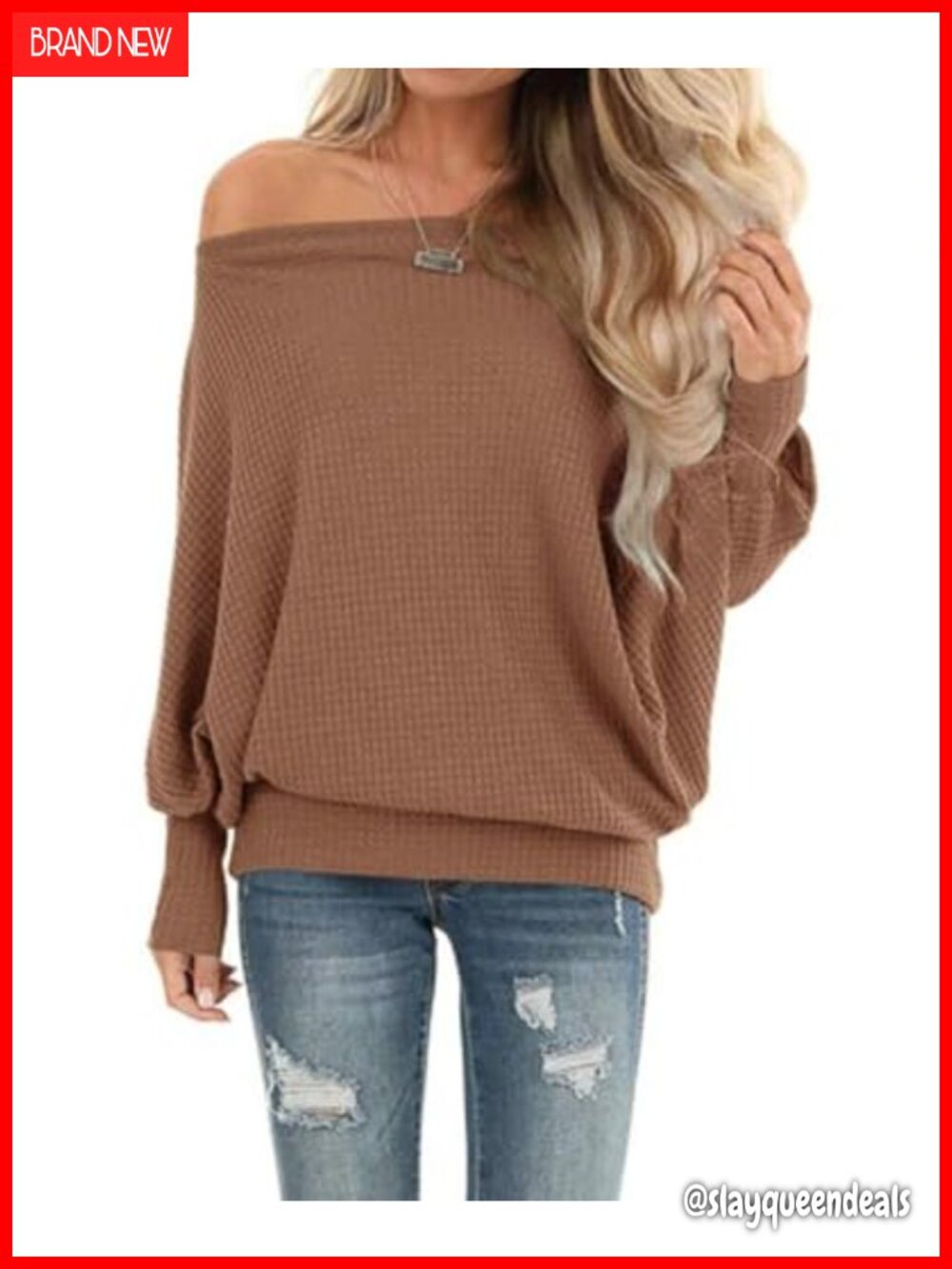 Waffle Knit Off Shoulder Oversized Sweatshirt Batwing Sleeve Tunic Pullover